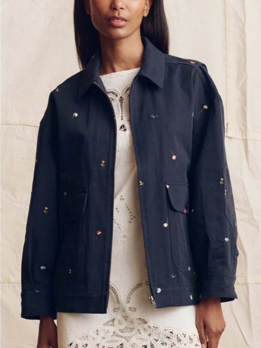 THE GREAT. Navy Embroidered Utility Jacket Sold Out Online